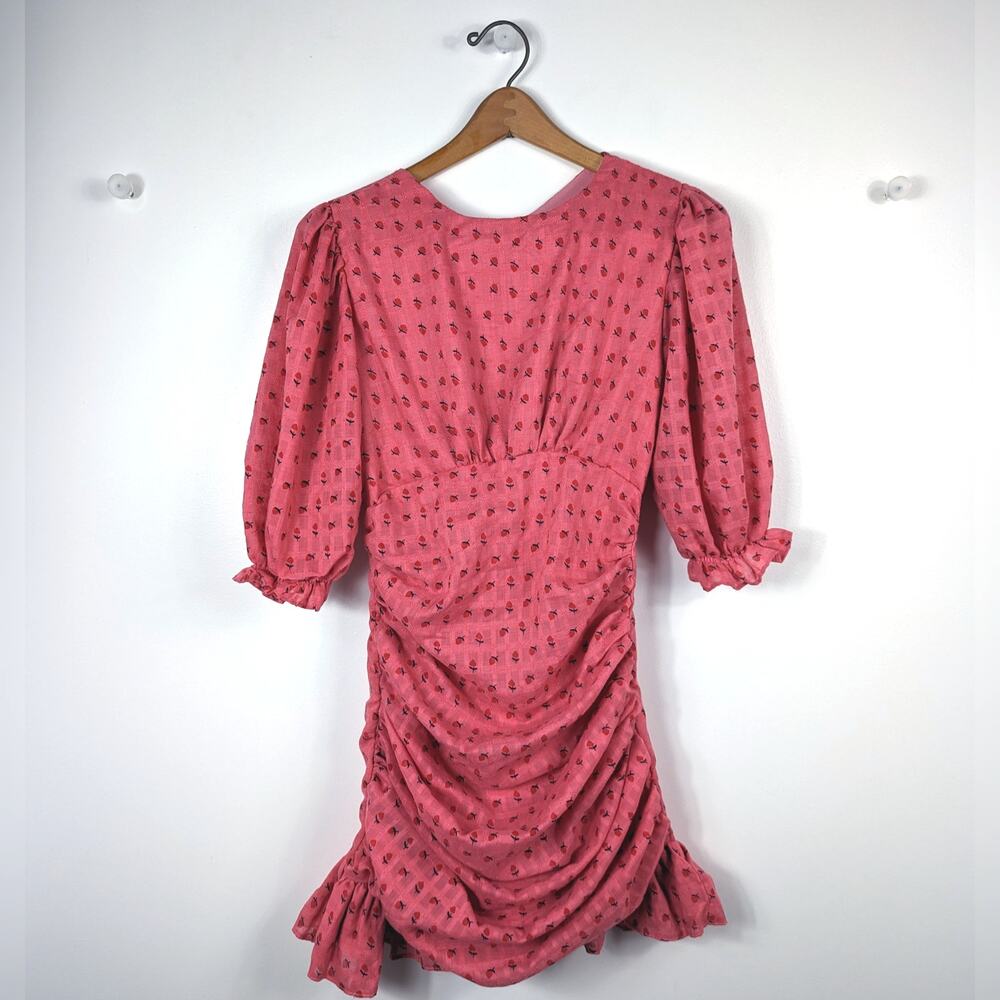 TMS Dress Women's Size Medium Pink Floral Ruched Ruffle Mini